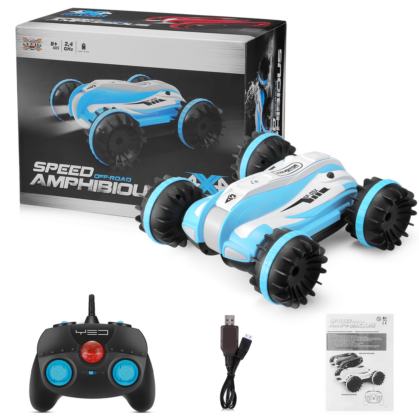 Amphibious RC Car 6-Channel 1:12 LED Light 360° Rotation Stunt Car Toys Gift