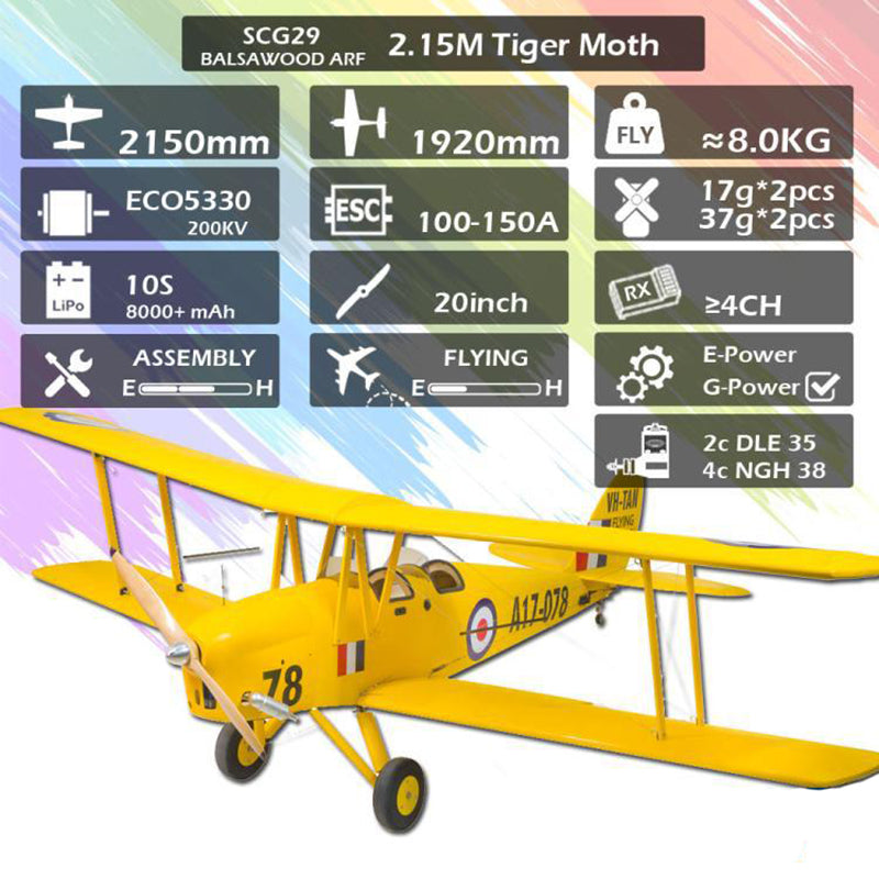 DWHobby Balsa wood Plane Tiger Moth ARF Large Gas Power Methanol Airplane Fixed Wing Biplane Model Balsa Plane Kits 2150mm Wingspan