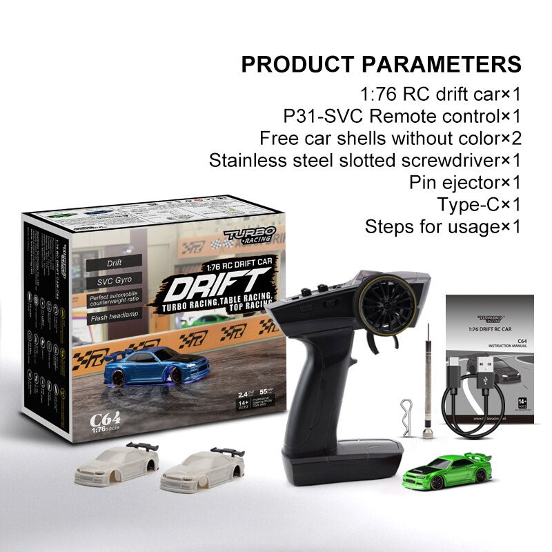 RC Drift Car Turbo Racing 1:76 C64 With Gyro Radio Full Proportional Mini RC Car Toys RTR