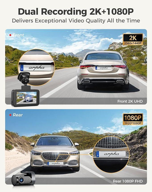 Cámara de salpicadero Arpha D22 de 2 canales y 2K con control de voz inteligente y pantalla táctil de 3 pulgadas
