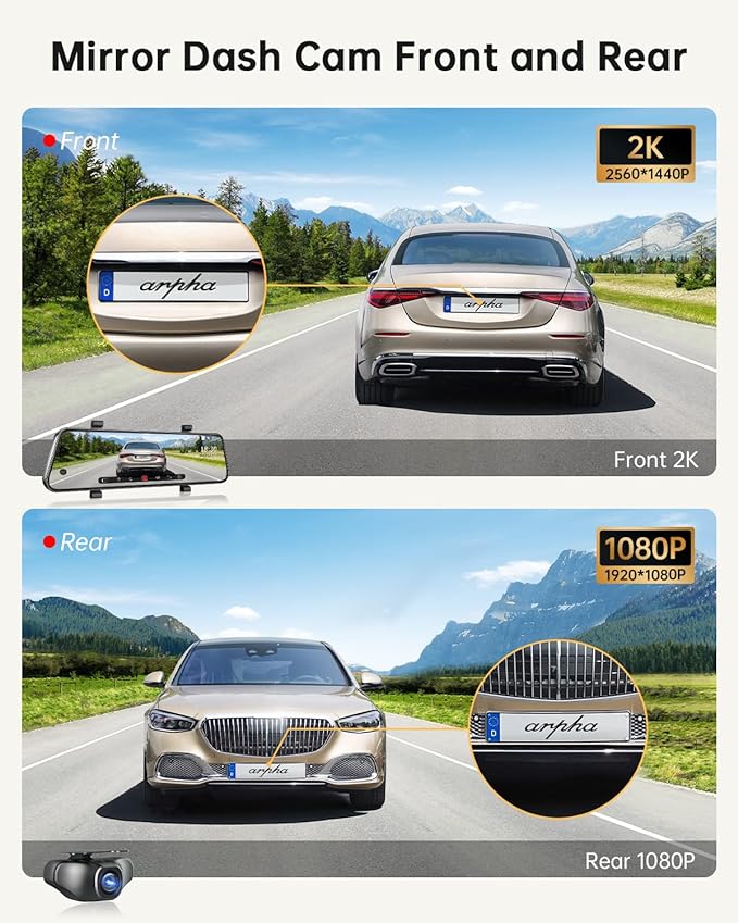 Arpha E22 2CH Mirror Dash Cam 2K 10" Touch Screen with 24H Parking Mode