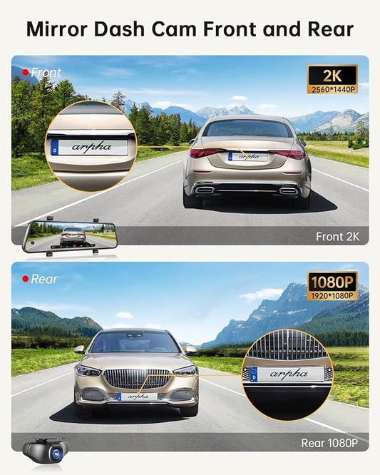 Cámara de salpicadero Arpha E22 de 2 canales con espejo, pantalla táctil de 10" y modo de aparcamiento 24 horas.