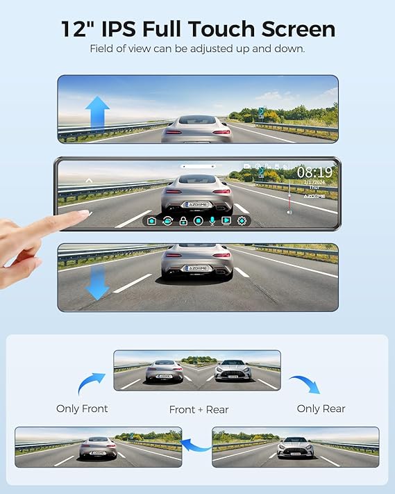 AZDOME PG18S 2CH Mirror Dash Cam 4K with 12" Touch Screen WDR Night Vision Parking Assistance