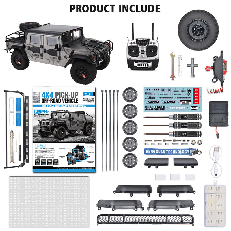 HG P415A 4WD Hummer H1 U.S Military Truck 1/10 RC Car Metal Simulation Pickup Upgraded Sound/Light effect Toys Gifts