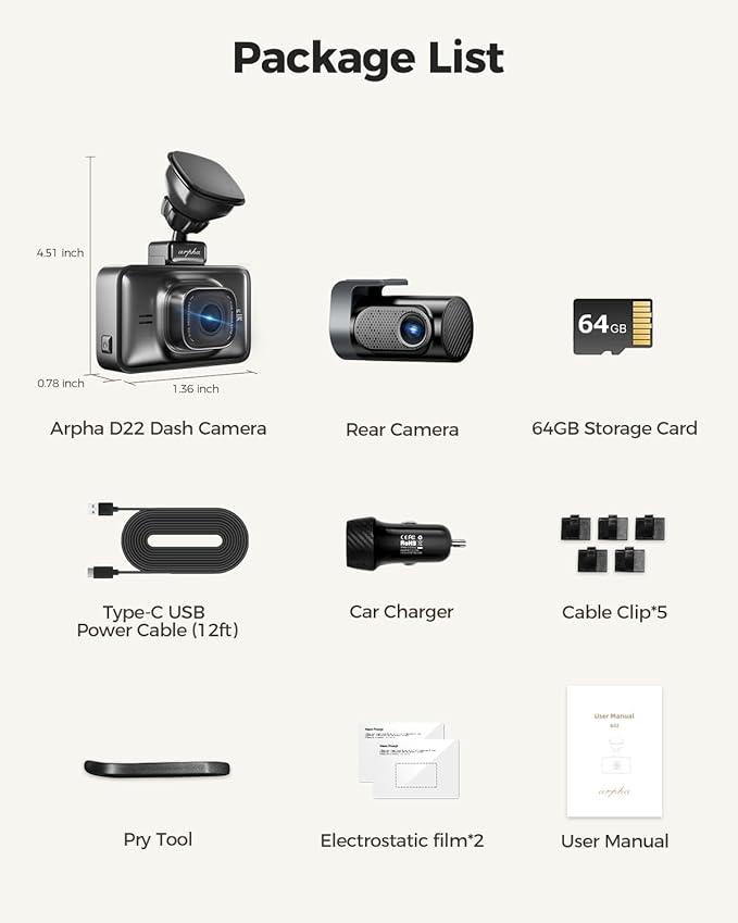 Arpha D22 2CH Dash Cam 2K with Smart Voice Control 3'' Touch Screen