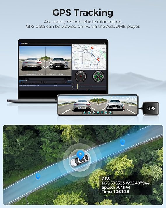 AZDOME PG18S 2CH Mirror Dash Cam 4K with 12" Touch Screen WDR Night Vision Parking Assistance