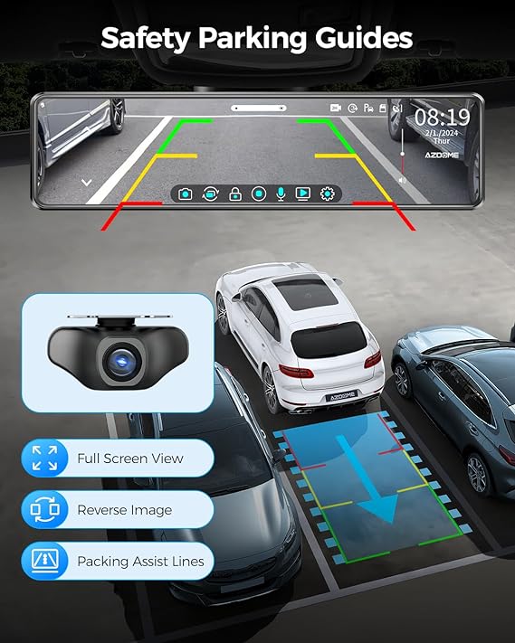 AZDOME PG18S 2CH Mirror Dash Cam 4K with 12" Touch Screen WDR Night Vision Parking Assistance