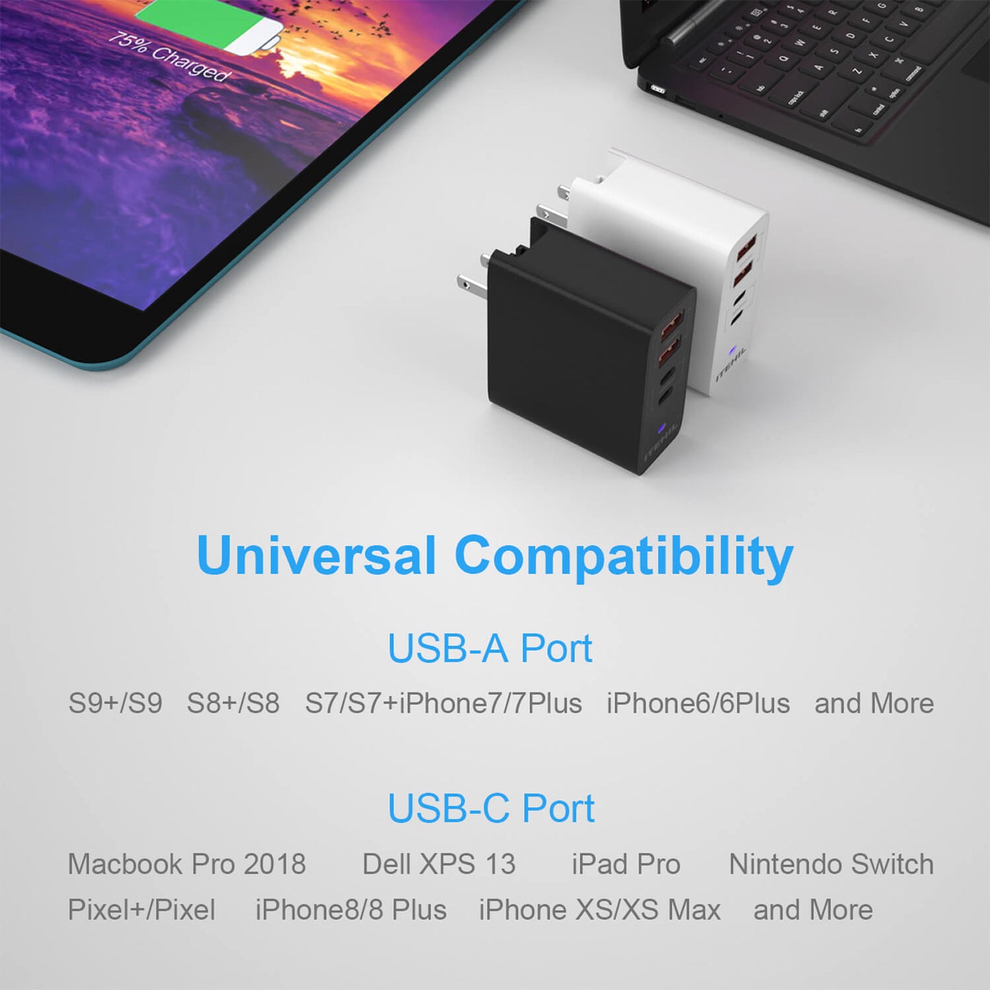 شاحن حائط ITEHIL 100 واط سريع الشحن بمنفذ USB-C PD (إضافي: قابس الاتحاد الأوروبي وقابس المملكة المتحدة)