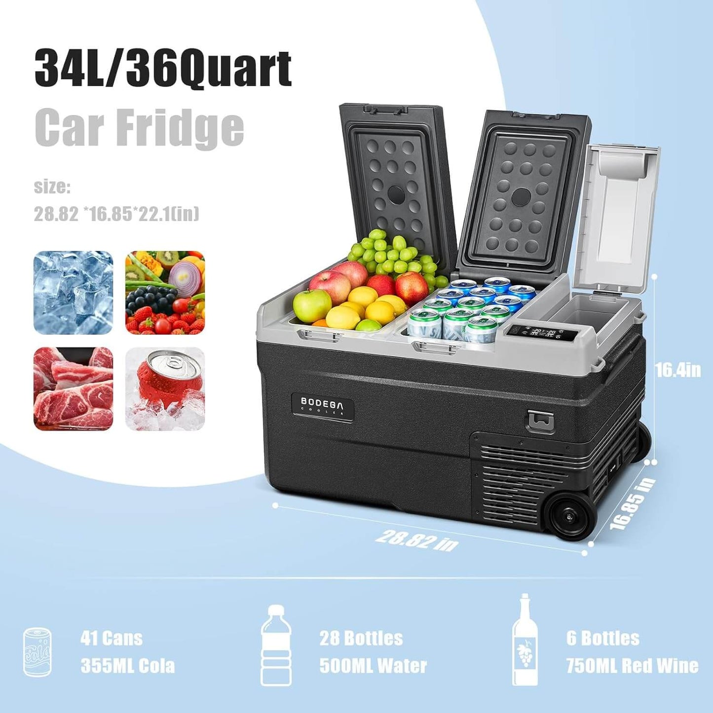 BODEGACOOLER 12 Volt Car Refrigerator Dual Zone Dual Doors 36QT