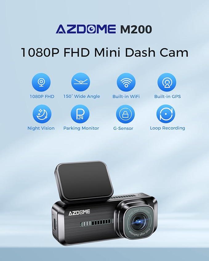 AZDOME M200 1CH Dash Cam 1080P 150° Wide Angle 24H Parking Mode