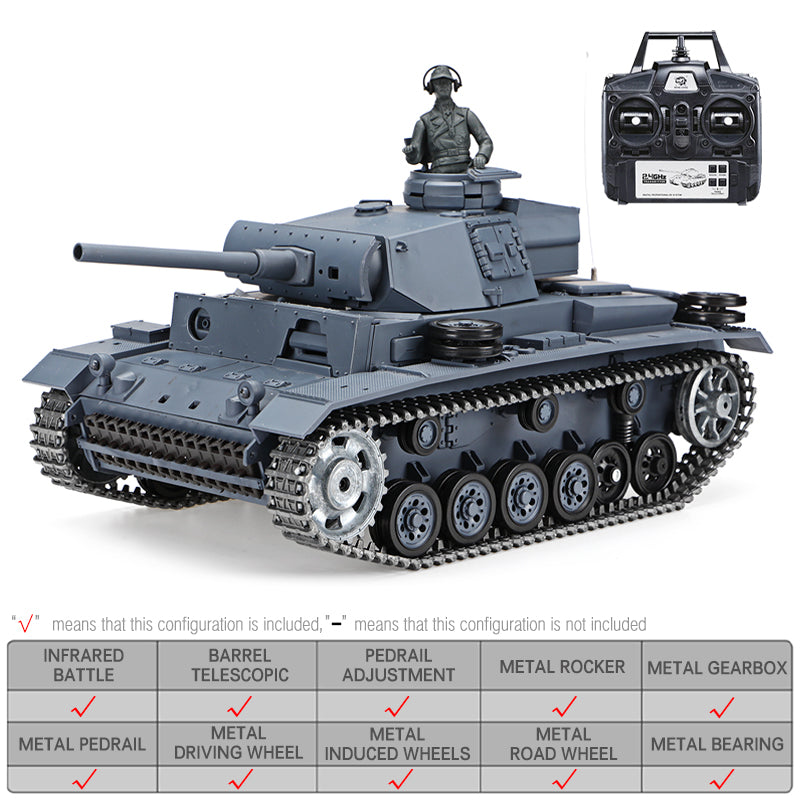 RC Tank Heng Long 3848-1 Germany Panzer III 1/16 Upgrade Metal RC Tank toys