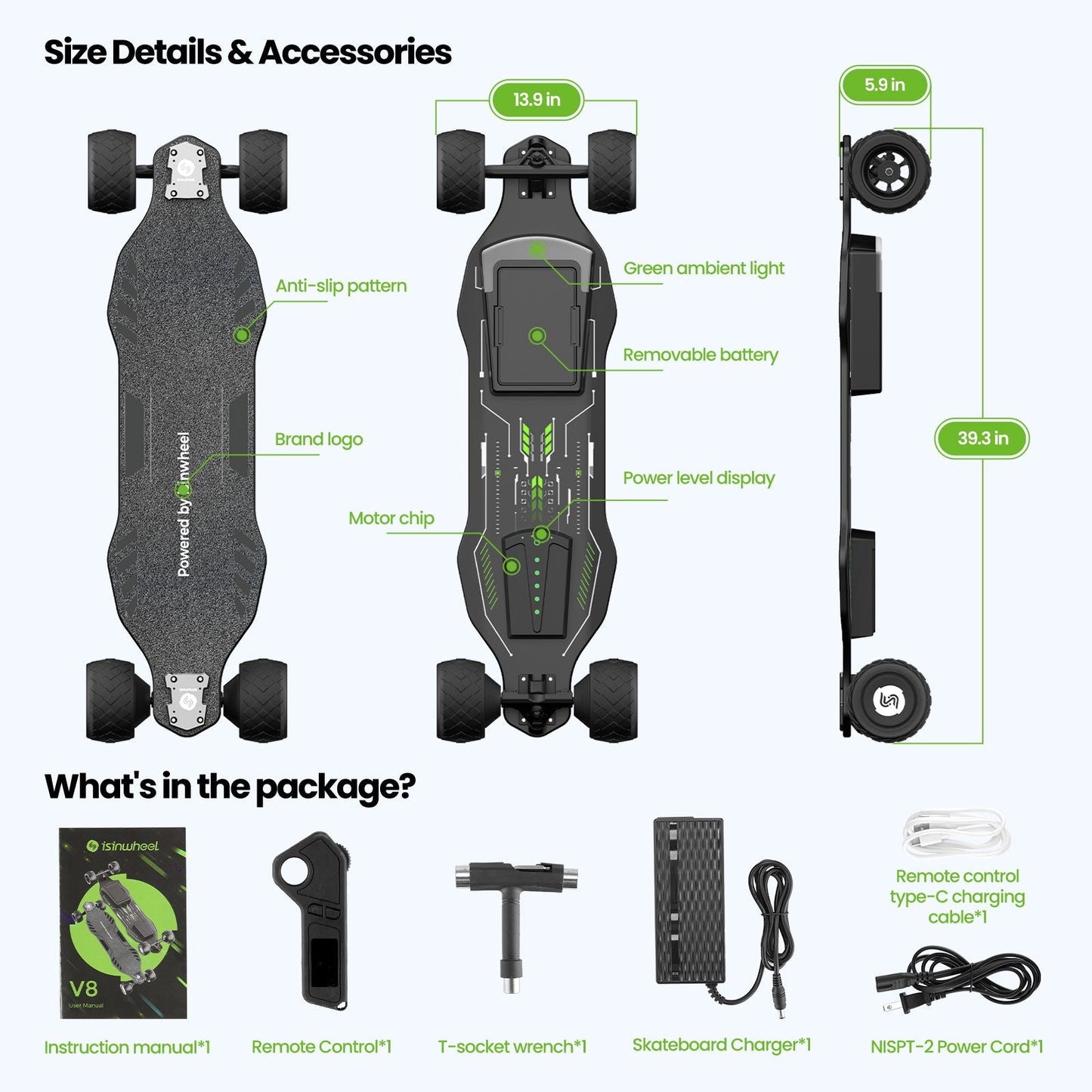 isinwheel V8 1200W Electric Skateboard with Portable Removable Battery & Remote Control