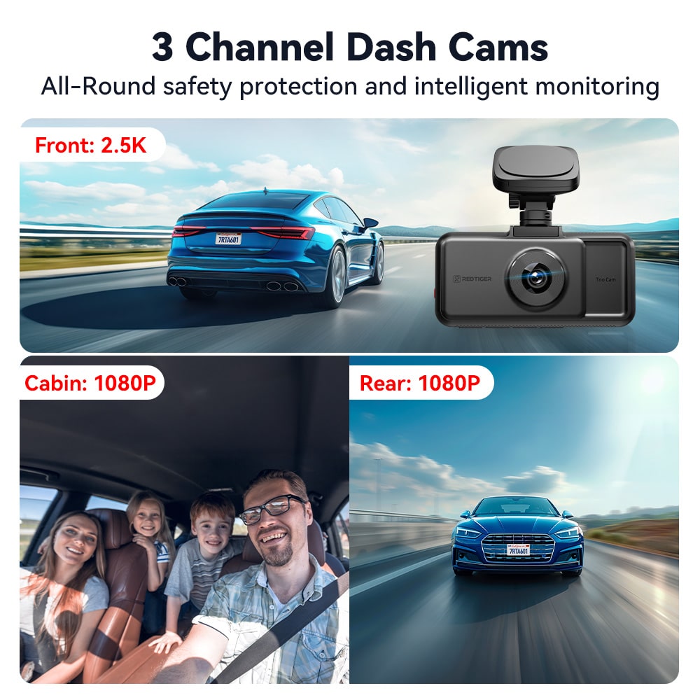 Redtiger A6 2.5k+1080P+1080P 3-Channel 5.8GHz Wifi Dash Cam