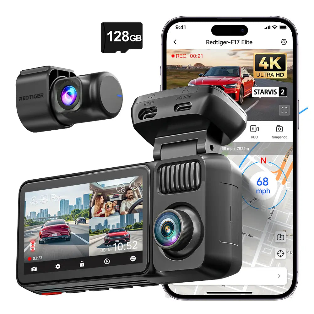 Redtiger F17Elite 3-Channel 4K+2.5K+1080P 24/7 Ultra-Color Wifi6 Dash Cam