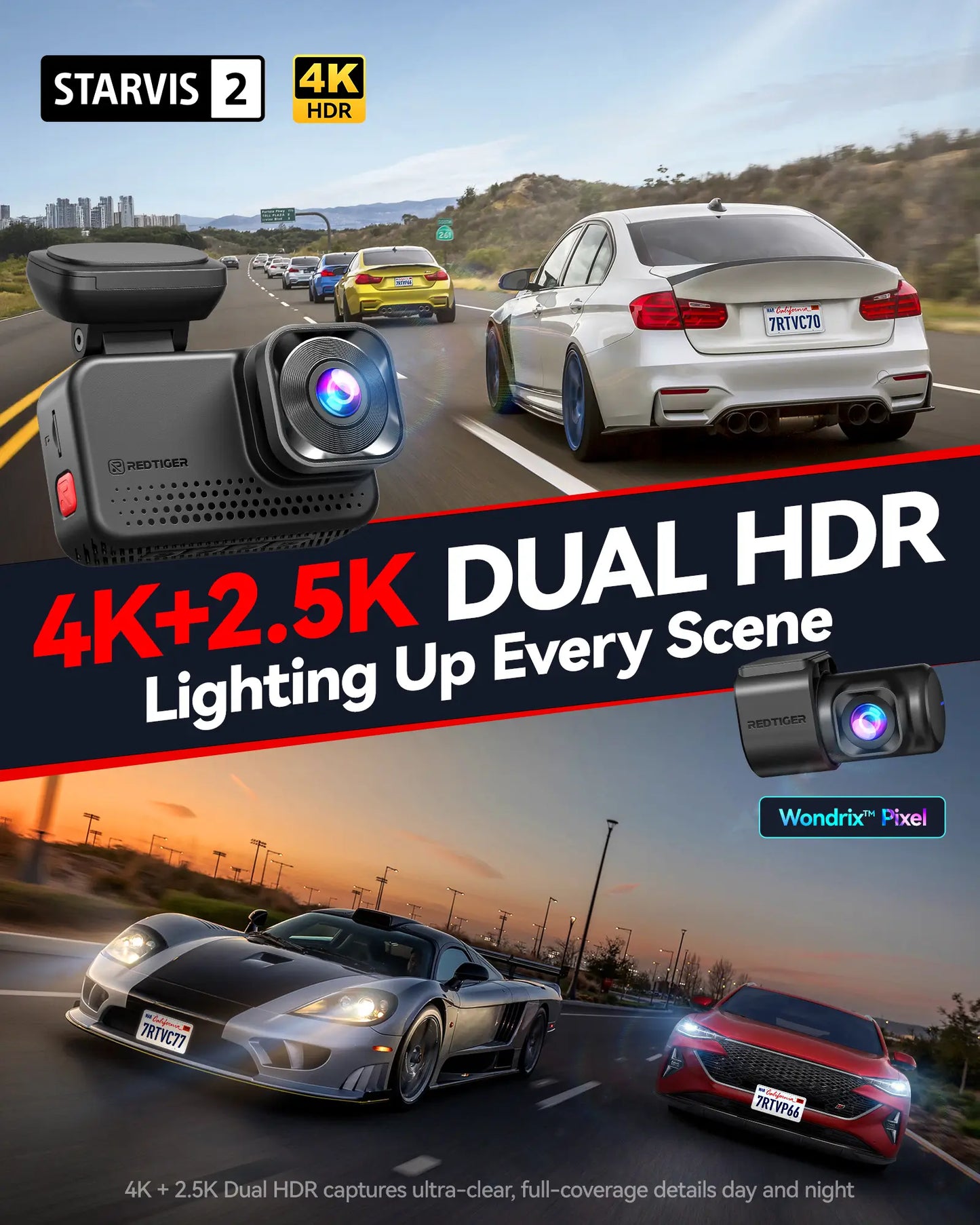 Redtiger View Clear 70 4K+2.5k Superior Night View 5.8Ghz WiFi 6 Dash Cam