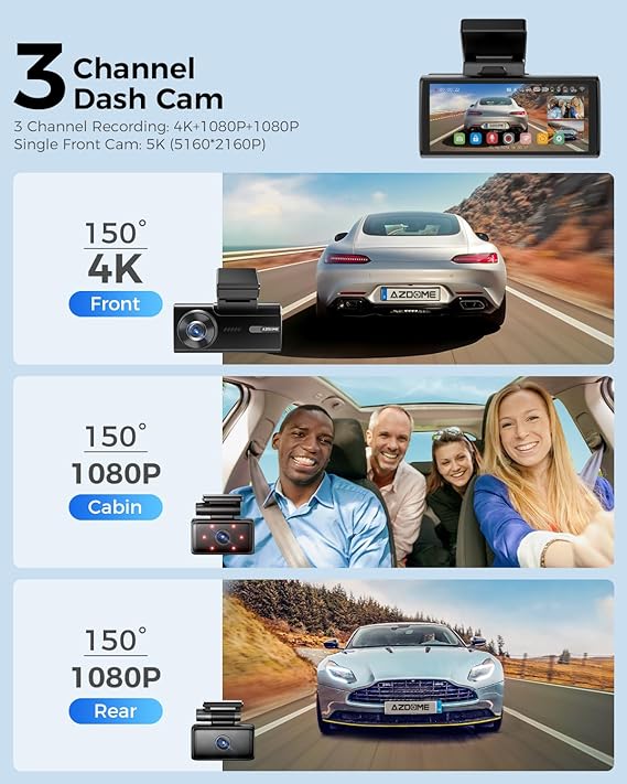 AZDOME M580 3CH Dash Cam 5K with 4" Touch Screen IR Night Vision 24H Parking Mode