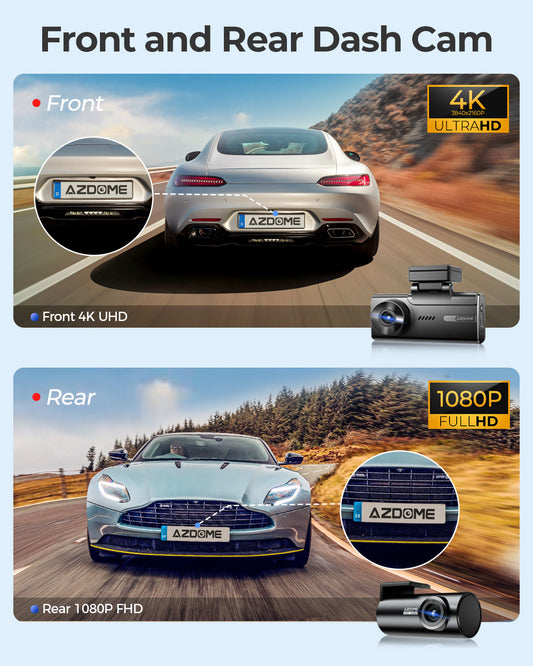 Cámara de salpicadero AZDOME M580 de 2 canales y resolución 5K con pantalla táctil de 4", visión nocturna por infrarrojos y modo de aparcamiento 24 horas
