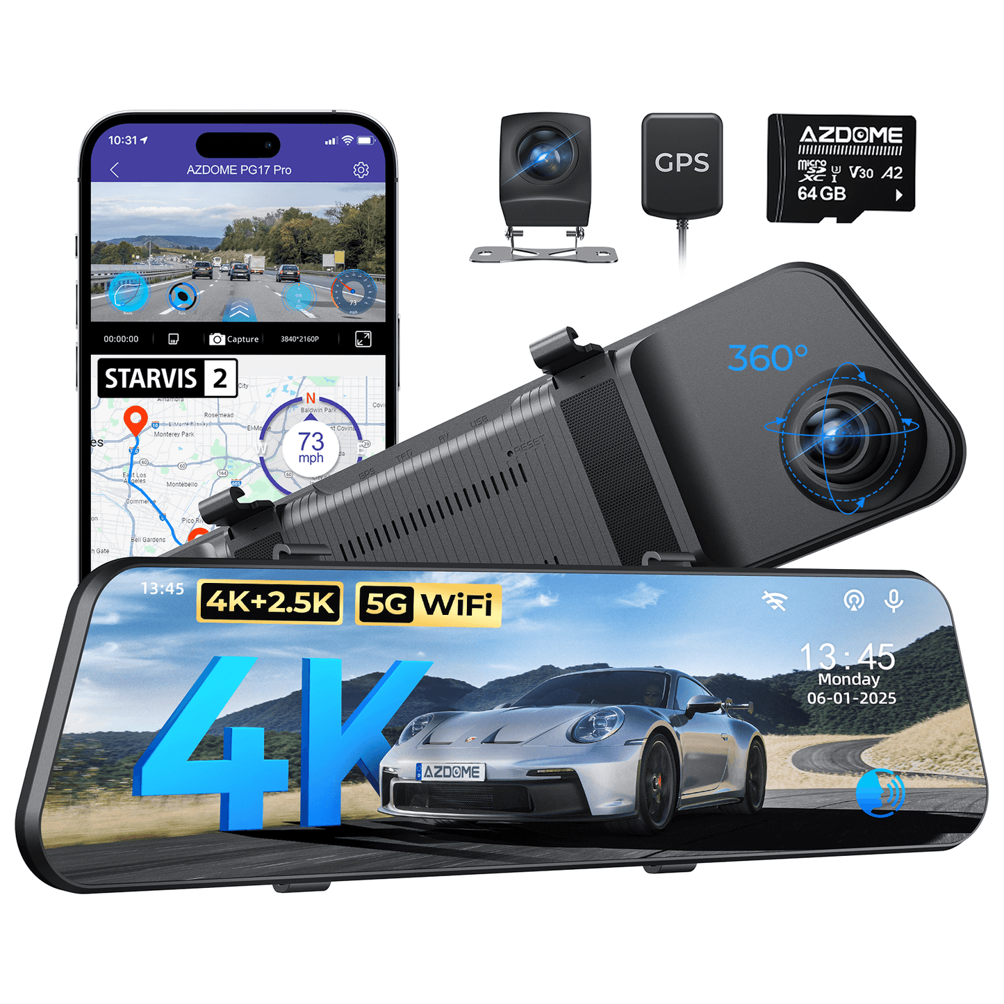 AZDOME PG17 Pro 4K+2.5K Mirror Dash Cam with STARVIS 2 & 5G WiFi Rear View Mirror Camera, OTA Upgrad, Parking Assist, Voice Control, 128GB Card