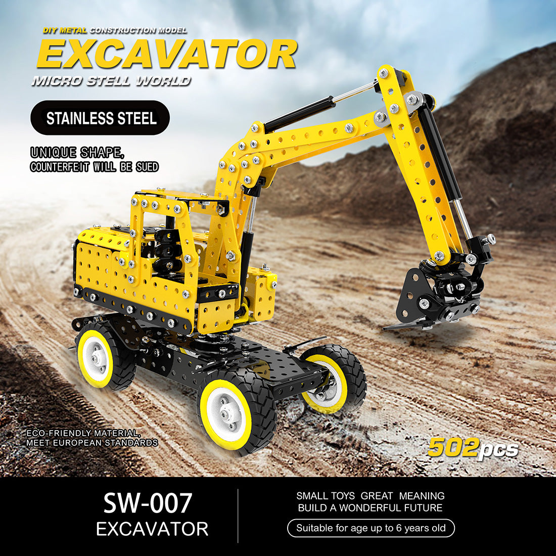 502Pcs Excavator Shape DIY Stainless Steel Metal Building Block Kit Educational Steam Stem Toys