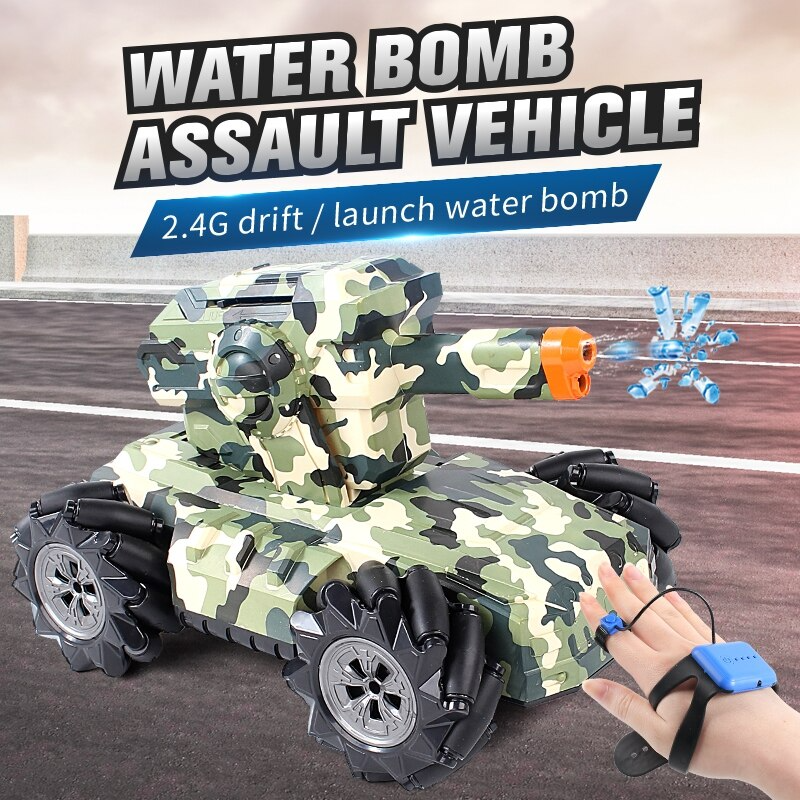 RC tank 2.4G 4WD can fire water bombs drift horizontal movement rotating toys
