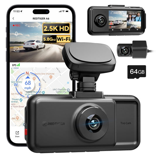 Redtiger A6 2.5k+1080P+1080P 3-Channel 5.8GHz Wifi Dash Cam