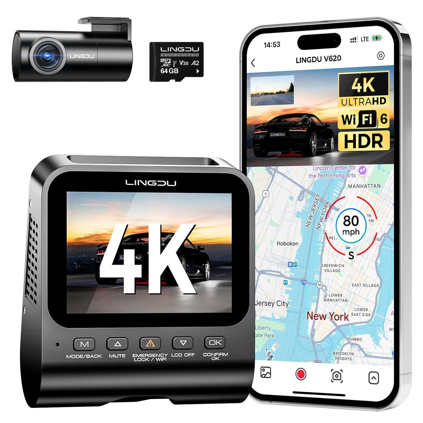 LINGDU V620 Front and Rear Dual Cameras for Cars, 2 Channel Dash Cam 4K Ultra HD Built-in WiFi 6& GPS, APP Control, Smart Voice Control ADAS WDR Night Vision
