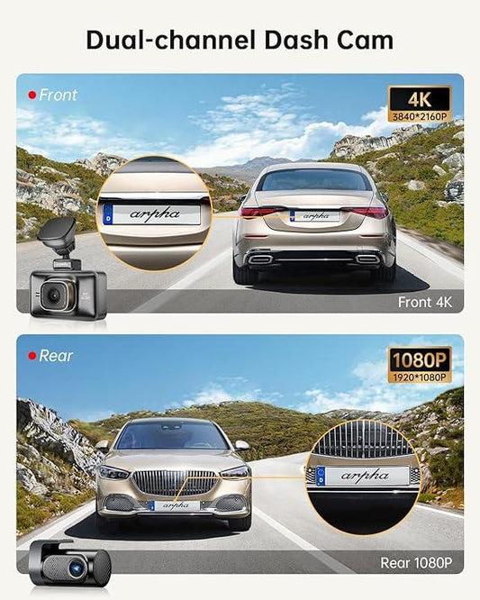 Cámara de salpicadero Arpha D25 de 2 canales y 5K con control por voz eMMC de 128 GB y pantalla táctil de 3 pulgadas