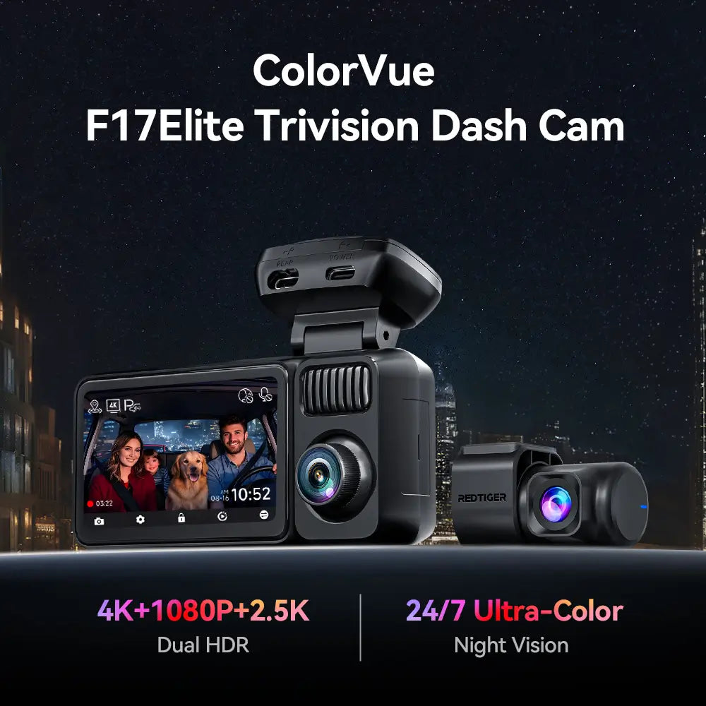 Redtiger F17Elite 3-Channel 4K+2.5K+1080P 24/7 Ultra-Color Wifi6 Dash Cam