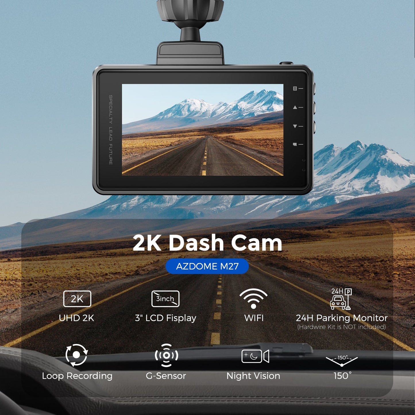 AZDOME M27 1CH Dash Cam 2K with 3" Display 24H Parking Mode