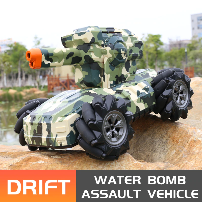 RC tank 2.4G 4WD can fire water bombs drift horizontal movement rotating toys