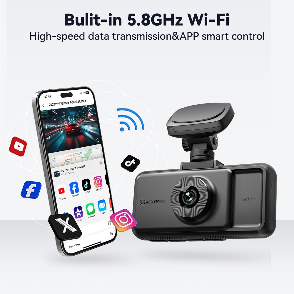 Redtiger A6 2.5k+1080P+1080P 3-Channel 5.8GHz Wifi Dash Cam