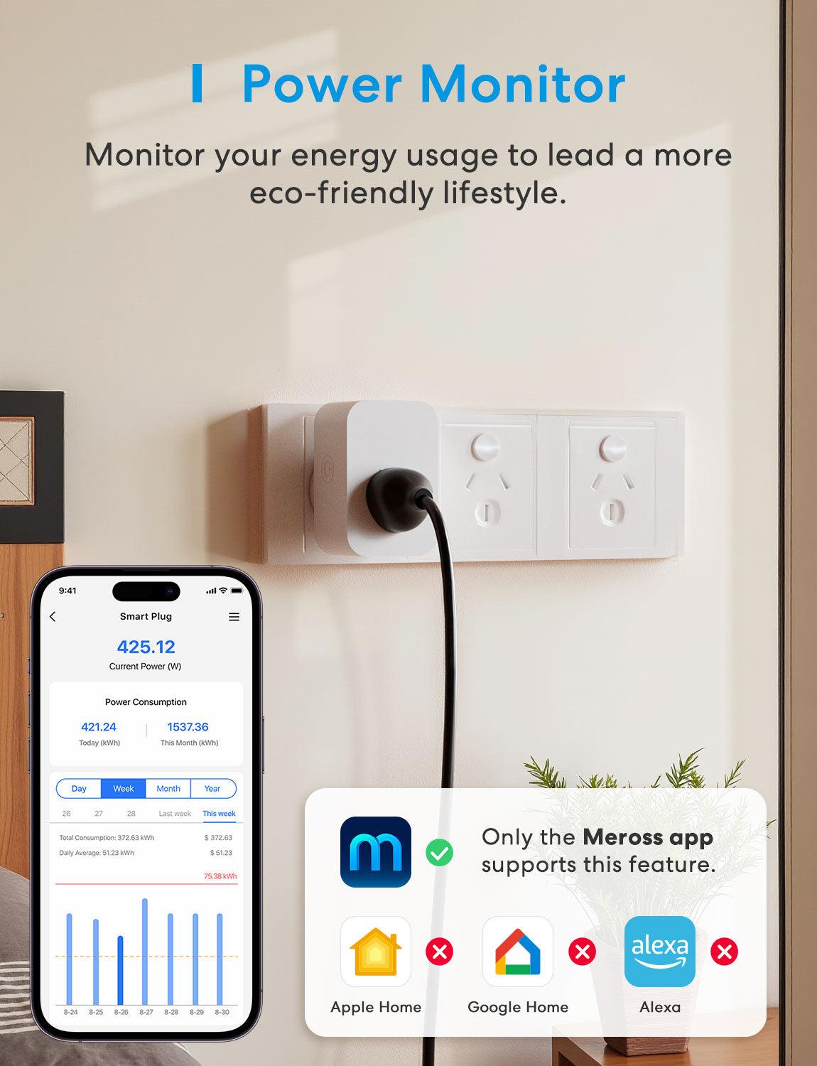 Meross Smart Wi-Fi Plug with Energy Monitor, MSS305, 2 Pack( AU Version)