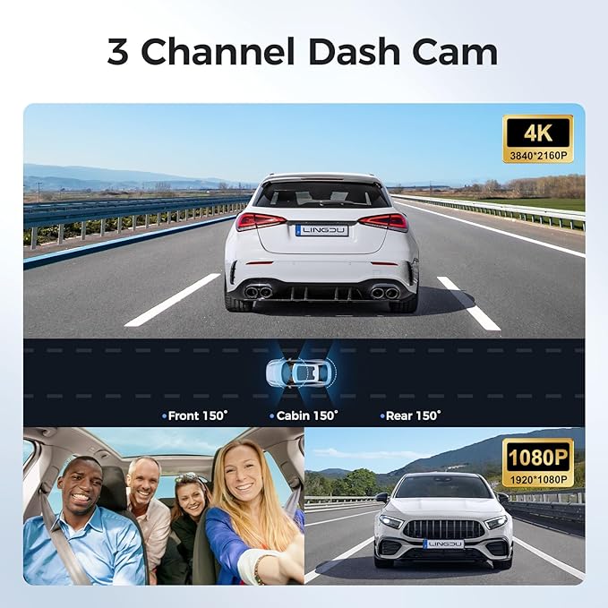 LINGDU LD02 3CH Dash Cam 4K with 3" Screen Super Night Vision 24H Parking Mode