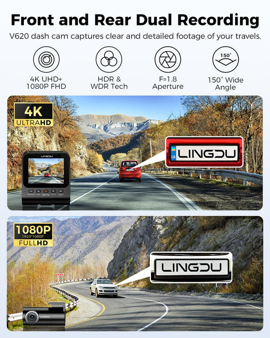LINGDU V620 Cámaras duales delanteras y traseras para autos, cámara de tablero de 2 canales 4K Ultra HD con WiFi 6 y GPS integrados, control por aplicación, control de voz inteligente ADAS WDR, visión nocturna