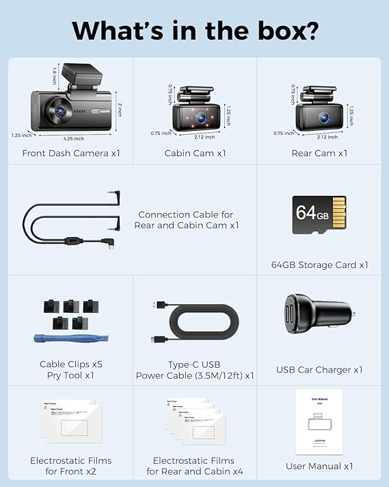 AZDOME M580 3CH Dash Cam 5K with 4" Touch Screen IR Night Vision 24H Parking Mode