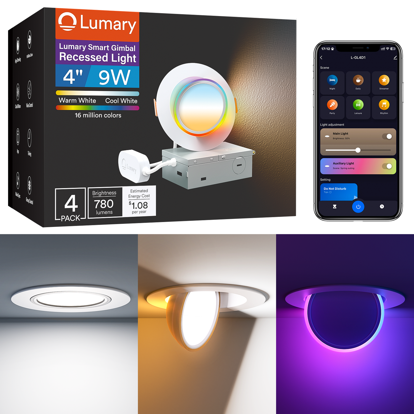Lumary RGBAI Gimbal Smart Recessed Lighting 4 Inch Pro, 9w 780LM