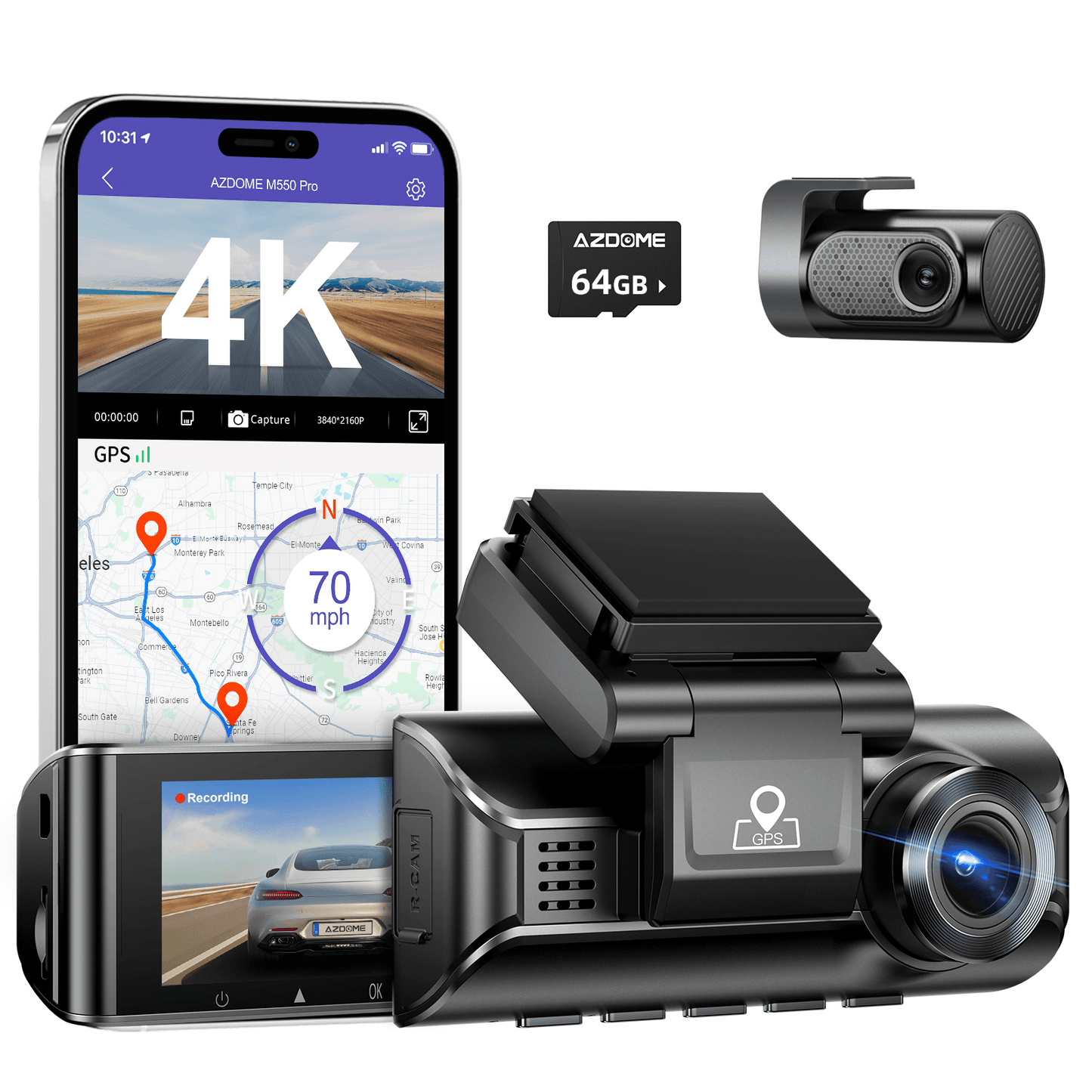 AZDOME M550 Pro 2CH Dash Cam 4K with 3.19'' Screen IR Night Vision 24H Parking Mode
