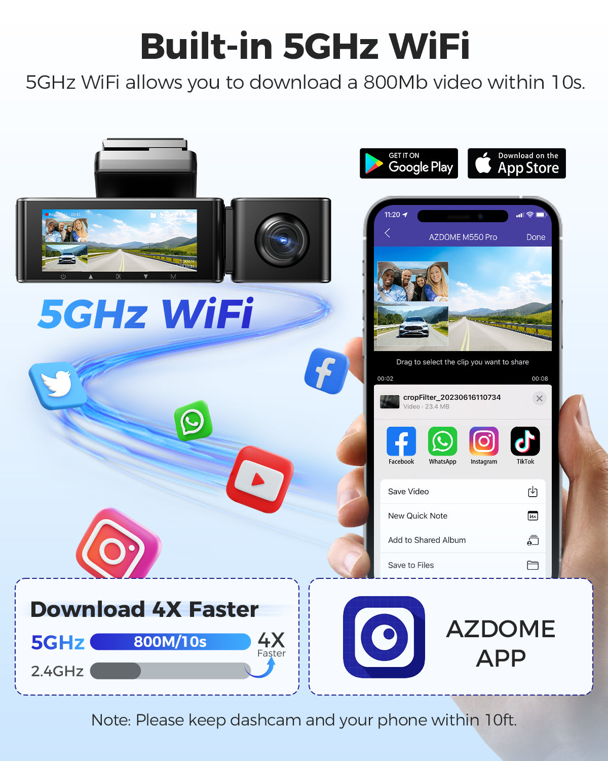 AZDOME M550 Pro 3CH Dash Cam 4K with 5G WiFi, 3.19" Screen IR Night Vision 24H Parking Mode