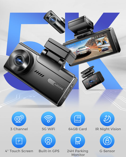 Cámara de salpicadero AZDOME M580 de 3 canales y resolución 5K con pantalla táctil de 4", visión nocturna por infrarrojos y modo de aparcamiento 24 horas