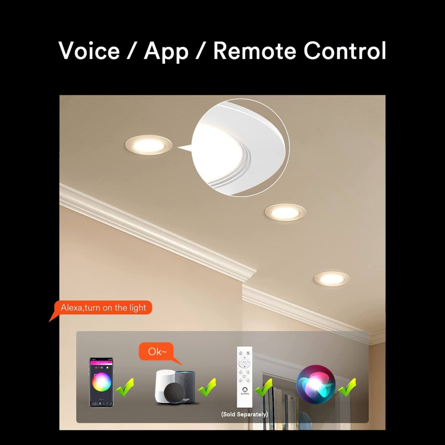 Lumary Wi-Fi Smart Ultra-Thin Baffle Trim Recessed Lighting 6inch 4PCS (With Remote Cotroller)