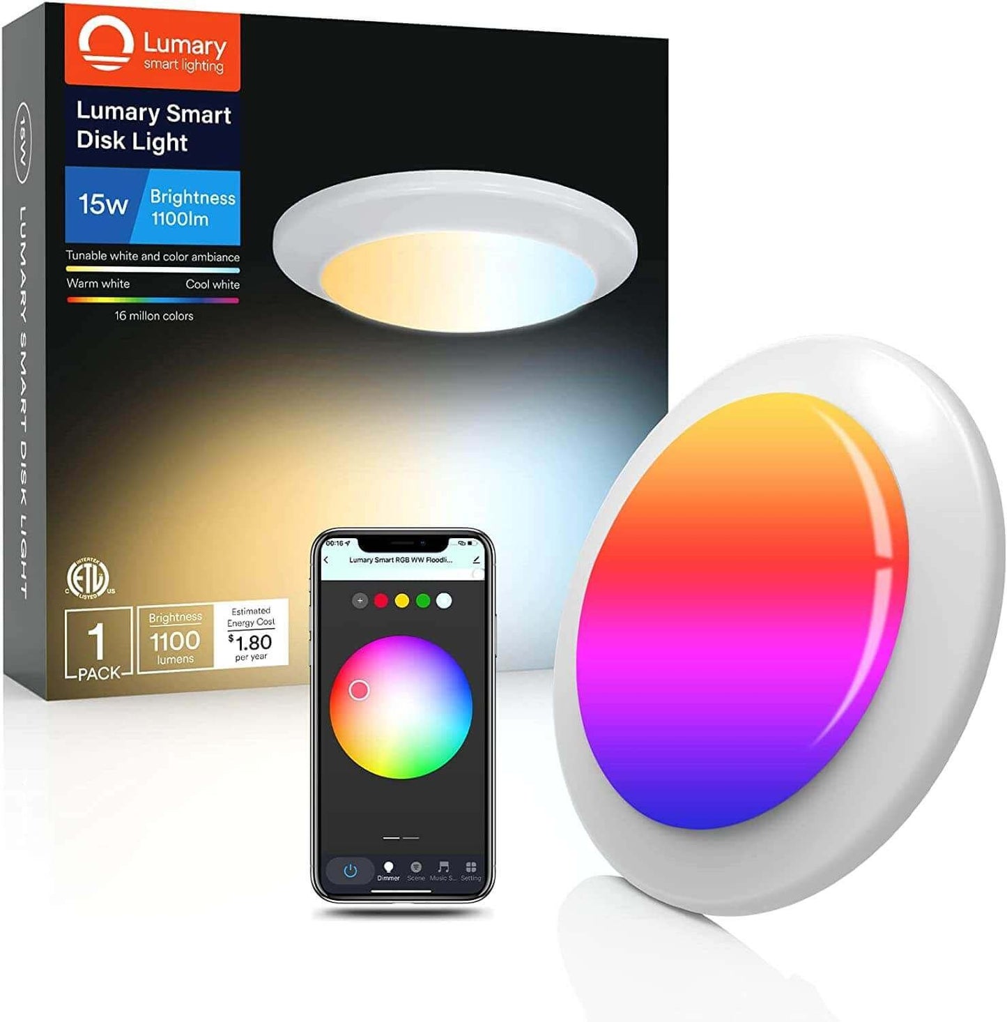 مصباح سقف LED ذكي من Lumary مزود بقرص Wi-Fi بقوة 15 واط ومقاس 5/6 بوصة، طراز A