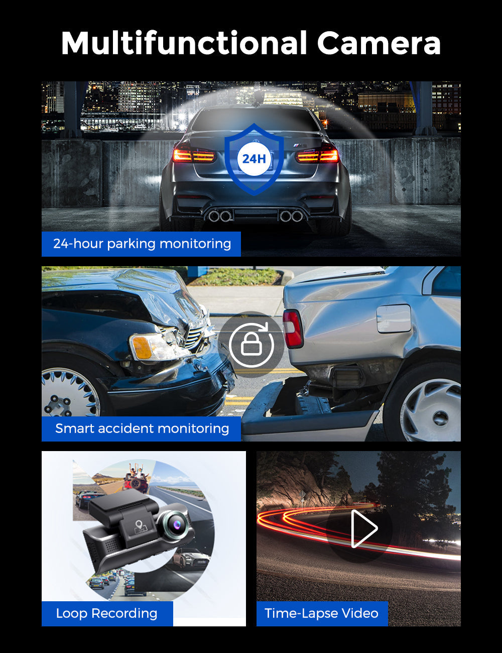 AZDOME M550 3CH Dash Cam 4K with 3.19" Screen IR Night Vision 24H Parking Mode