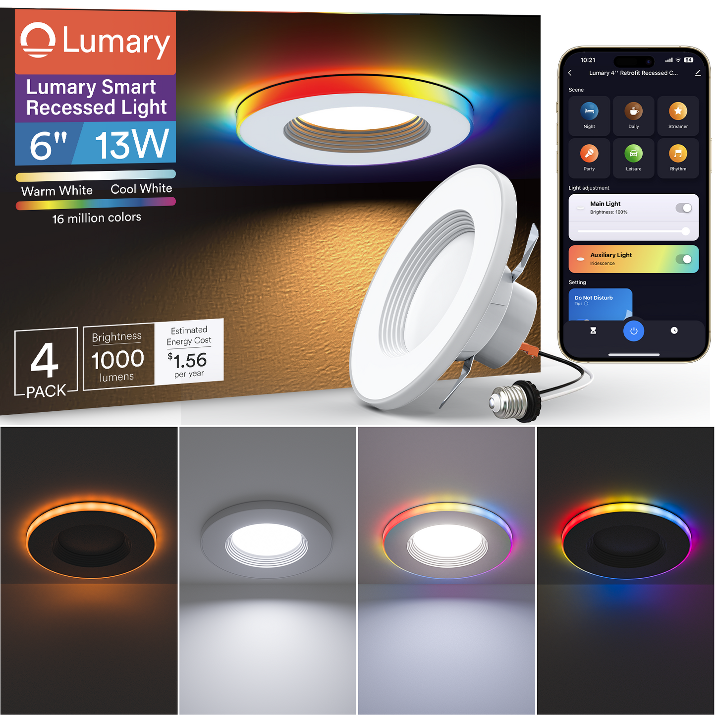 Lumary Smart RGBAI Can Light with Gradient Accent Night Light 6 inch 13W 1000lm