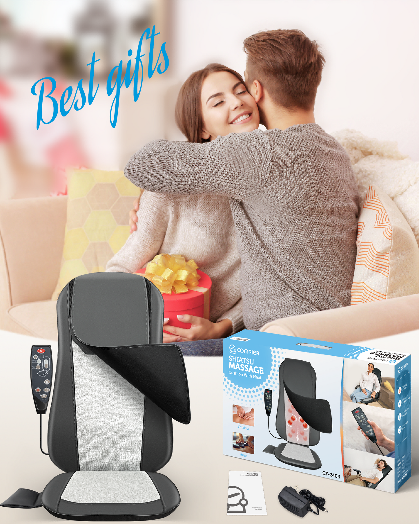 Comfier Back Massager with Heat, Full Back Massager for Chair with 2 Shiatsu Speeds, Heated Chair Massage Pad with Spot ,Massage Seat Pad for Home Office use CF-2405