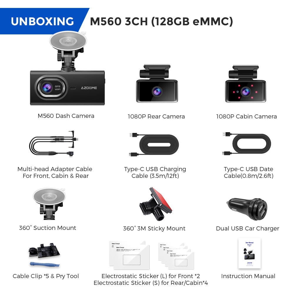 AZDOME M560 3CH Dash Cam 4K with 4" Touch Screen IR Night Vision 24H Parking Mode
