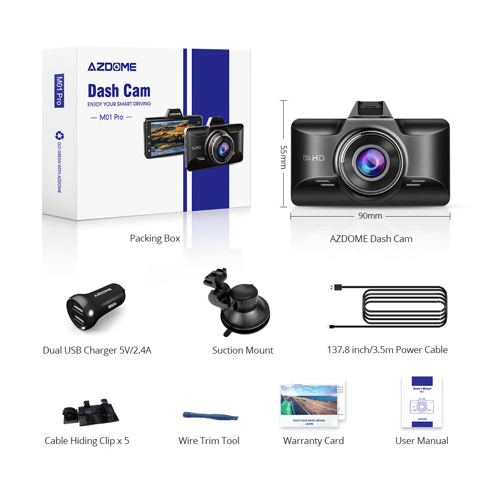 AZDOME M01 Pro 2CH Dash Cam 1080P with ADAS 3" Screen 24H Parking Mode