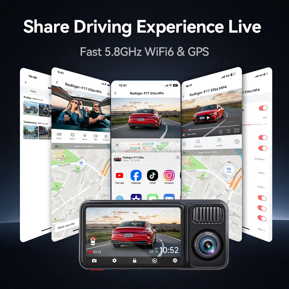 Redtiger F17Elite 3-Channel 4K+2.5K+1080P 24/7 Ultra-Color Wifi6 Dash Cam