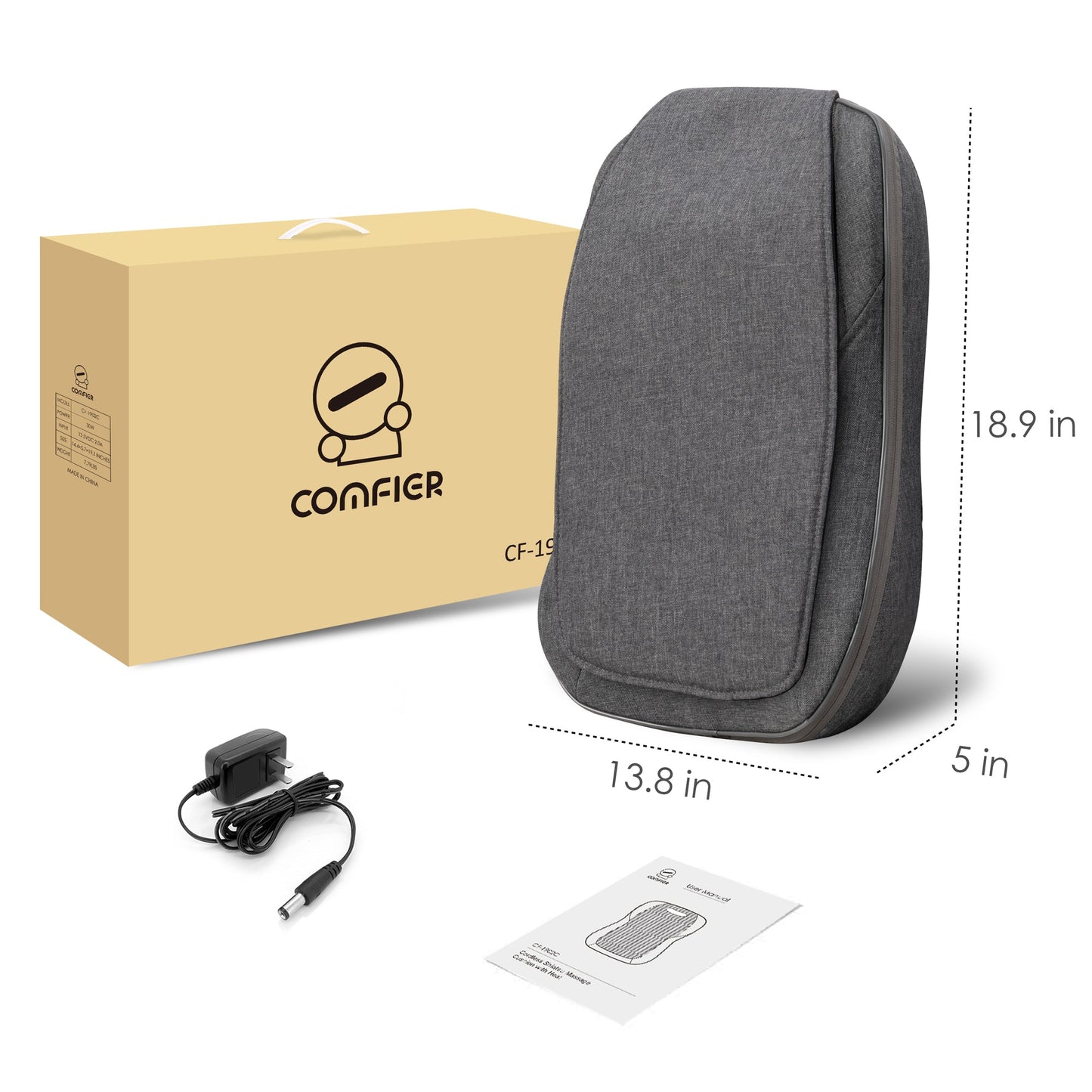 Comfier Cordless Back Massager with Heat, Rechargeable Shiatsu Massage Chair Pad CF-1902C-CA