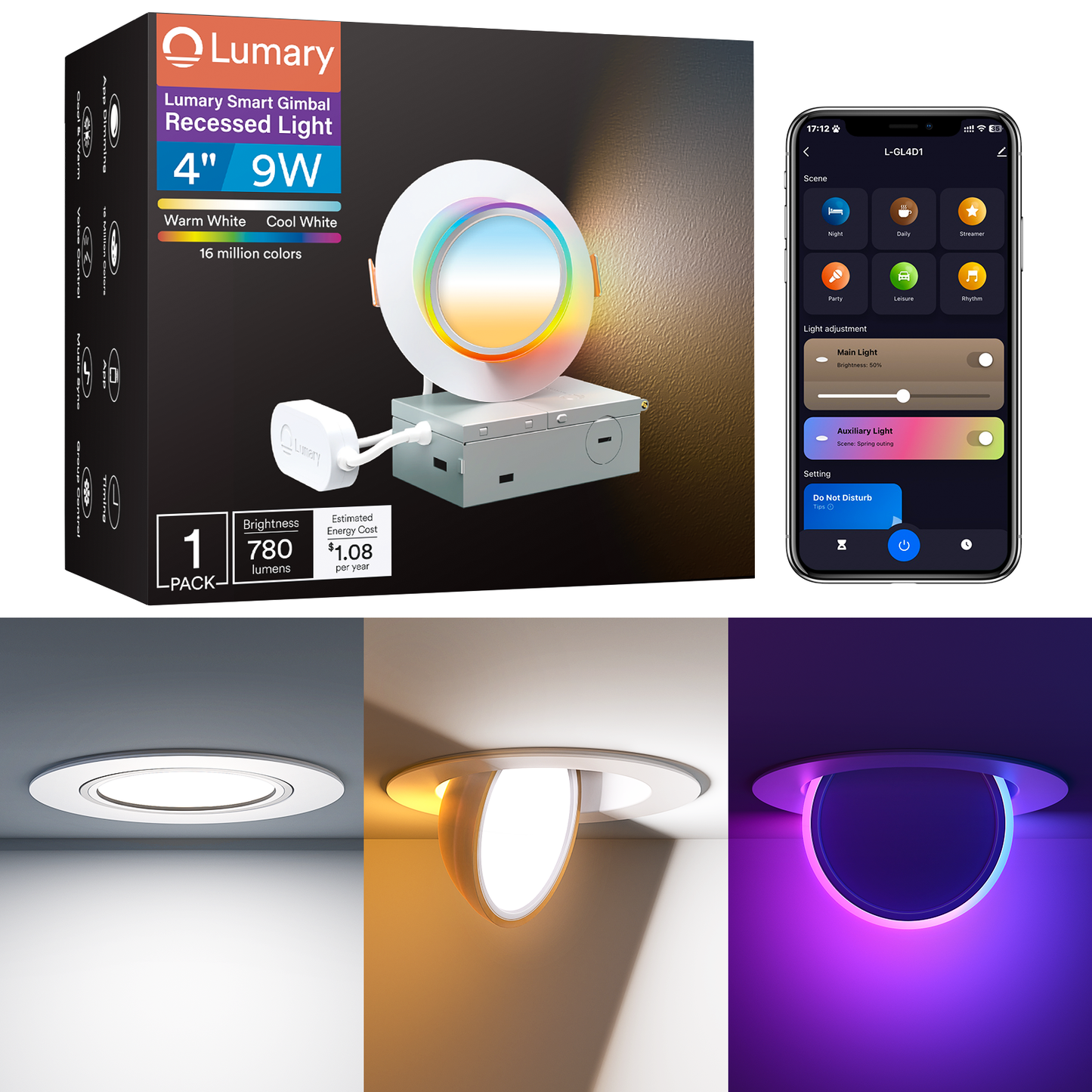 Lumary RGBAI Gimbal Smart Recessed Lighting 4 Inch Pro, 9w 780LM