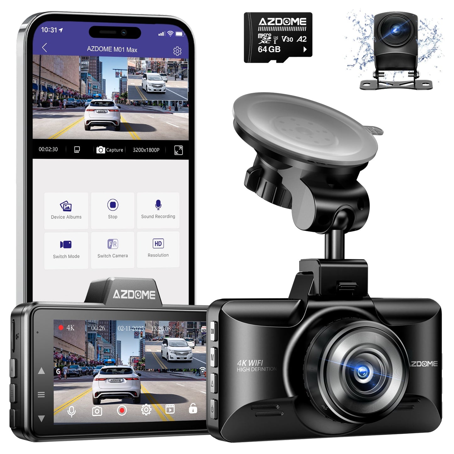 AZDOME M01 Max 4K Dash Cam Front and Rear 3" Screen Dual Dashboard Camera for Car with Free 64GB Card, Built-in ADAS G-Sensor, 24H Parking Mode